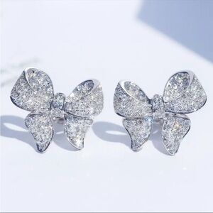 Simulated Diamond Bow Knot Stud Earrings 14K White Gold Plated Sparkle NWT